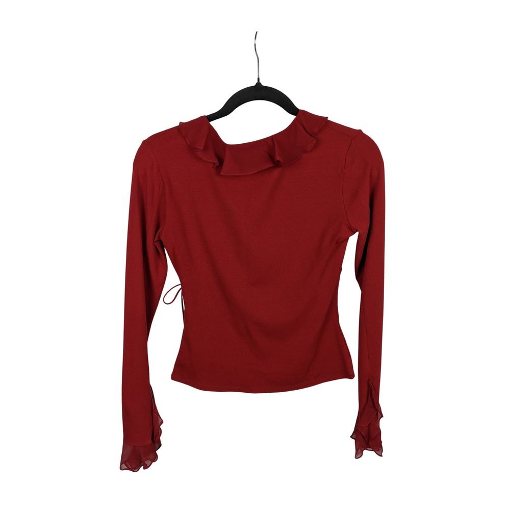 Cache Y2K Red Ruffle Wrap Top Silk Trim Long Sleeve V-Neck Small S USA Made - Picture 2 of 7